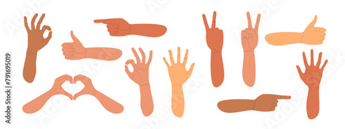 Various hand gestures. Non-verbal or manual communication. Set of hands in different gestures. Various hand signs. Human hands show signs. Vector flat illustration of hands in various situations