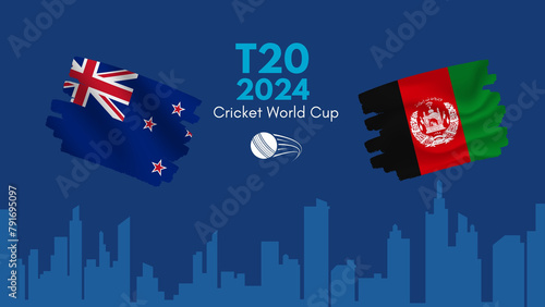 New Zealand vs Afghanistan Scotland flag, world map and building skyline use for t20 cricket world cup 2024 template banner design photo