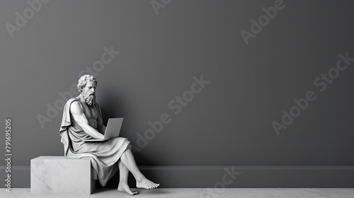 A statue of a man sitting on a step with a laptop in front of him