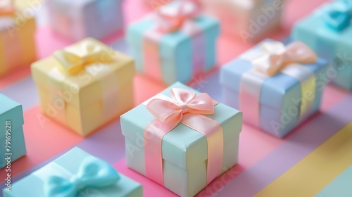 A charming setup of petite gift boxes in soft pastel shades, placed delicately on a bright, multicolored striped background