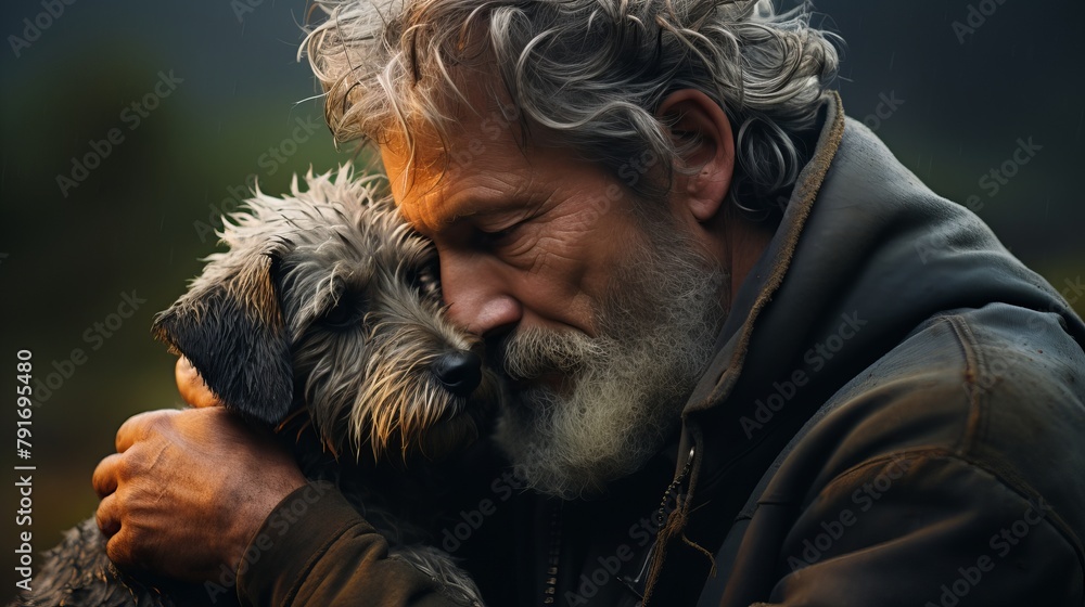 An old man and his loyal Dog with close eyes emotional hugging - An ...