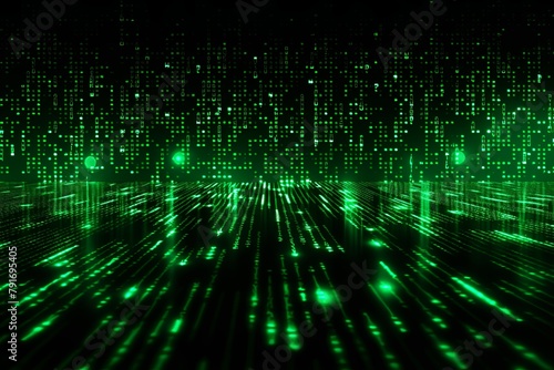 Green binary code on dark, creating an atmosphere of data technology and cyber security. Focus on the binary number texture with copy space for photo text 