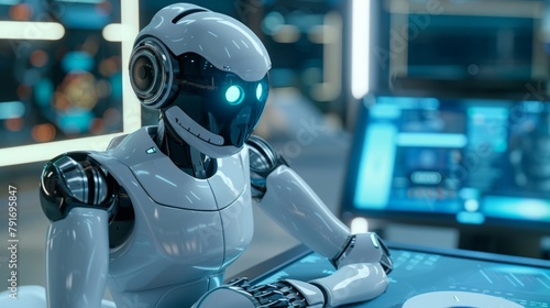 Futuristic Robot Interacting With High-Tech Console