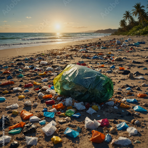 Garbage and plastic littered along the beach. Wastes Endangering Living Life. 