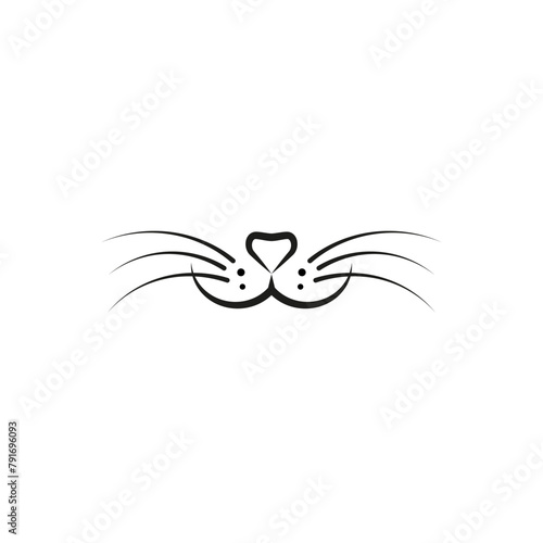 Smiling cat face. Only a cat nose, mouth and a long mustache. Isolated vector silhouette on white background.