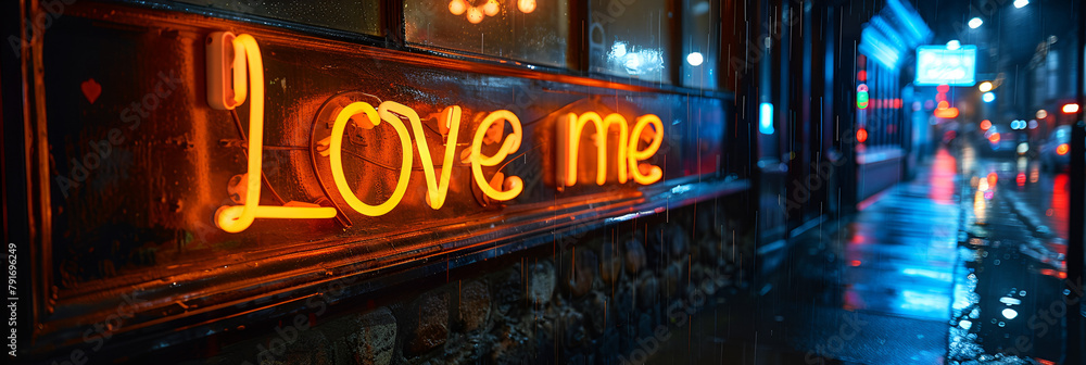Orange and White Love Me Neon Light Signage,
A neon sign with a heart and a lantern
