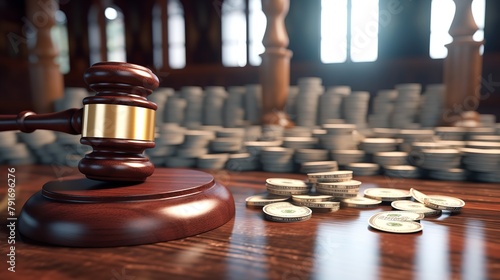 Close-up of Gavel and Money Bag with Stack of Coins photo