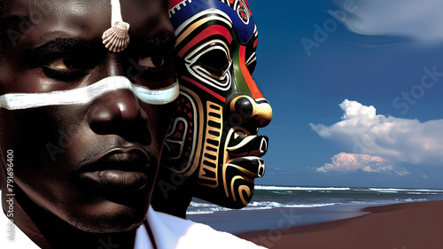 Creative portrait of a men with mask on a beach photo