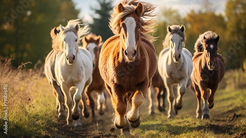 Herd of beautiful horses running freely in meadow - Animal rights Independence