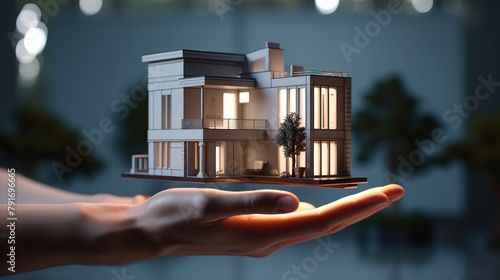 Close-up of Hand Holding Model House for Representation photo