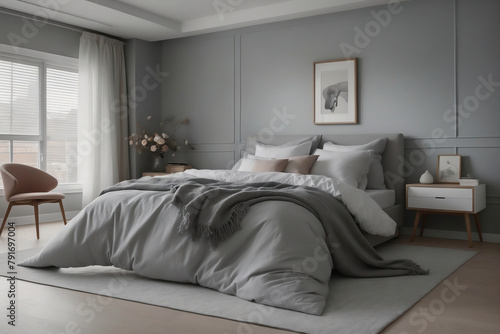 Schlafzimmerdesign in sanften Grau- und Pastellt  nen mit modernen M  beln und stilvollen Accessoires