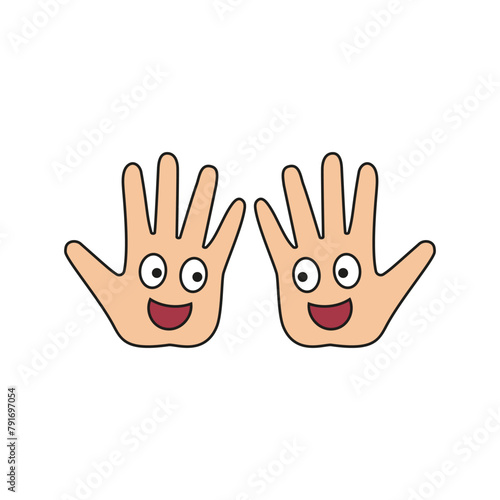 Two palms of hands together with cartoon faces smiling at each other. Color vector illustration.