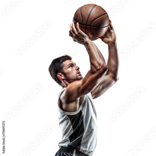 Athletic male basketball player shooting on a translucent background