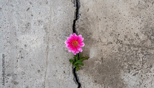Pink flowers growing through the crack of a sidewalk. A plant in the city, contrasts the grey cement.