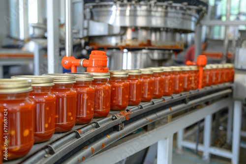 Glass jars with canned tomatoes on the conveyor belt in the factory photo