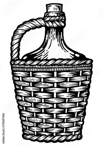 Canvas Print Wine bottle carboy with basket and handle weaving engraving PNG illustration