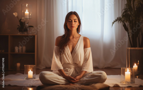 Young woman doing yoga meditation at home near the window with candles, wellness at home concept