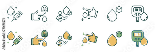 collection of blood sugar glucose treatment icon vector set diabetes health check measurement dropped blood sign illustration for web and app
