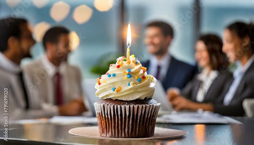 Business birthday party: cupcake with sprinkles and a candle in the foreground. Co-worker people in the background.  photo