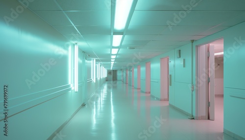 a hallway with lights on the walls