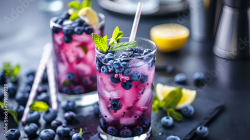 Blueberries, raspberries and mint at black wooden table, Summer organic berry. Agriculture, Gardening, Summer refreshing drink made of blueberries with ice, sprinkled with berries and leaves 