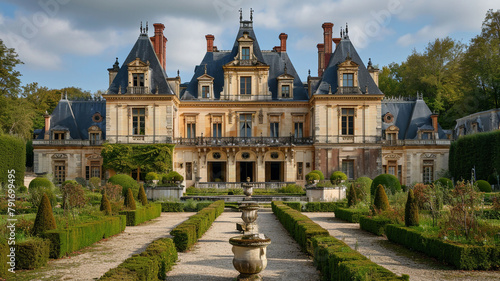 A photograph capturing the elegance of a traditional French ch??teau, surrounded by manicured gardens and reflecting the architectural grandeur of France's historical estates photo