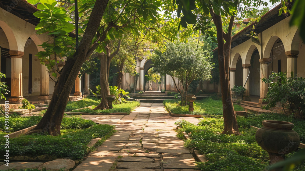 A serene courtyard of a heritage monastery, with centuries-old trees, stone pathways, and a sense of tranquility, representing the spiritual and architectural heritage of religious institutions