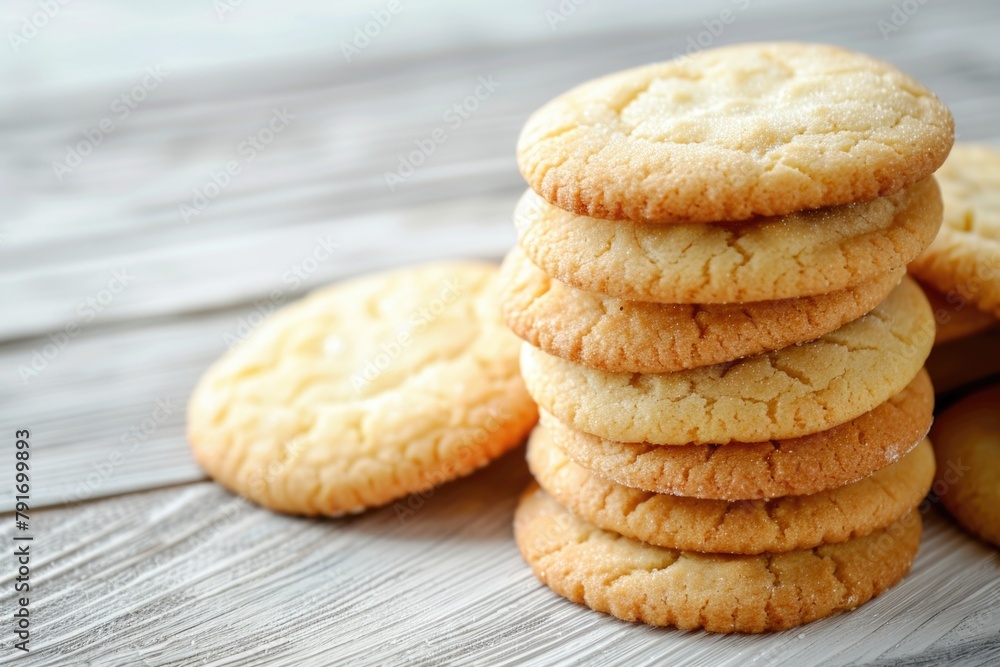 A stack of cookies on a rustic wooden table, perfect for food blogs or bakery promotions A stack of cookies on a rustic wooden table, perfect for food blogs or bakery promotions