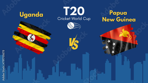 Papua New Guinea and Uganda flag, world map and building skyline use for t20 cricket world cup 2024 template banner design photo
