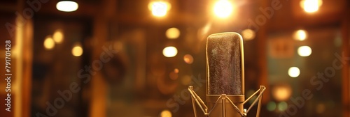 An up-close perspective of a condenser microphone in a studio represents music production, artistry, and sound engineering photo