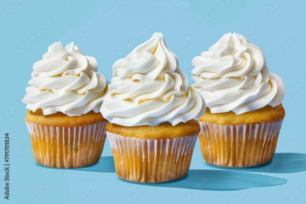 Three cupcakes with white frosting on a blue background. Ideal for bakery or dessert concepts