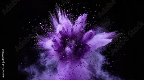 Violette Farbexplosion vor dunklem Hintergrund, rauchender Knall, Explosion aus lila Pulver 
