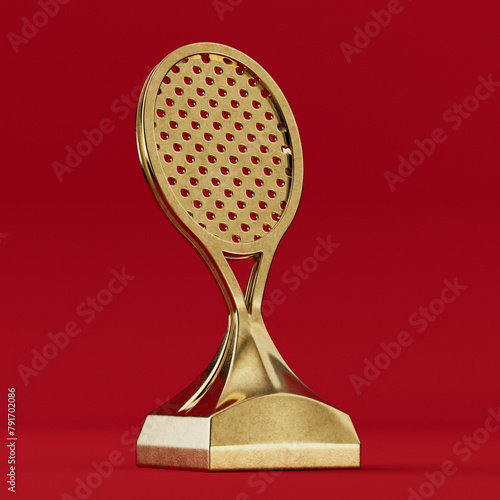 Tennis Award Trophy in the Shape of a Gold Tennis Racket. 3d Rendering