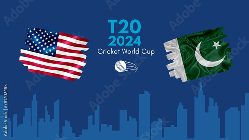 USA vs pakistan flag, world map and building skyline use for t20 cricket world cup 2024 template banner design.