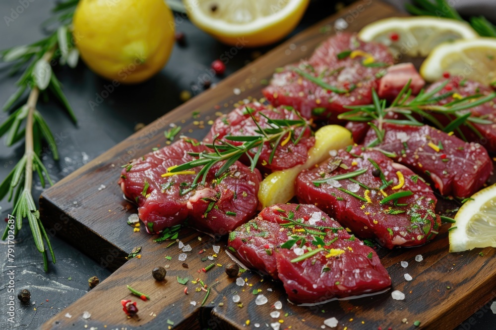 Fresh meat and lemons on a rustic cutting board, perfect for food and cooking concepts Fresh meat and lemons on a rustic cutting board, perfect for food and cooking concepts