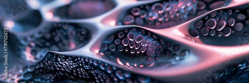 Close-up of a 3D abstract metallic structure with iridescent colors and a glossy, liquid-like surface pattern, representing connectivity and futuristic concepts photo