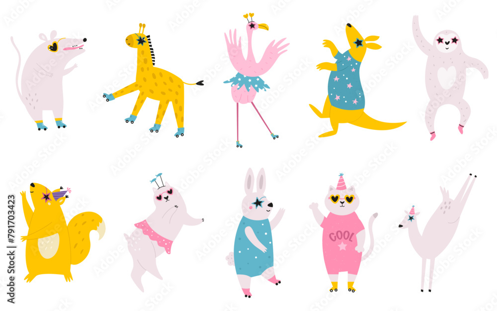 Naklejka premium Vector illustration of dancing animals in disco glasses, birthday hats and cool costumes.