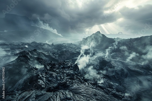 Volcanic landscape with steam vents and jagged black rocks. photo