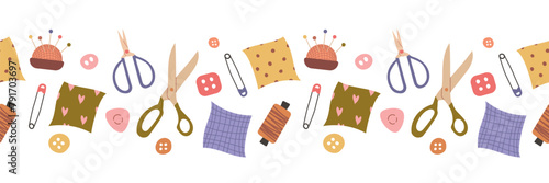 Sew a seamless border. Sewing accessories set. Modern vector illustration