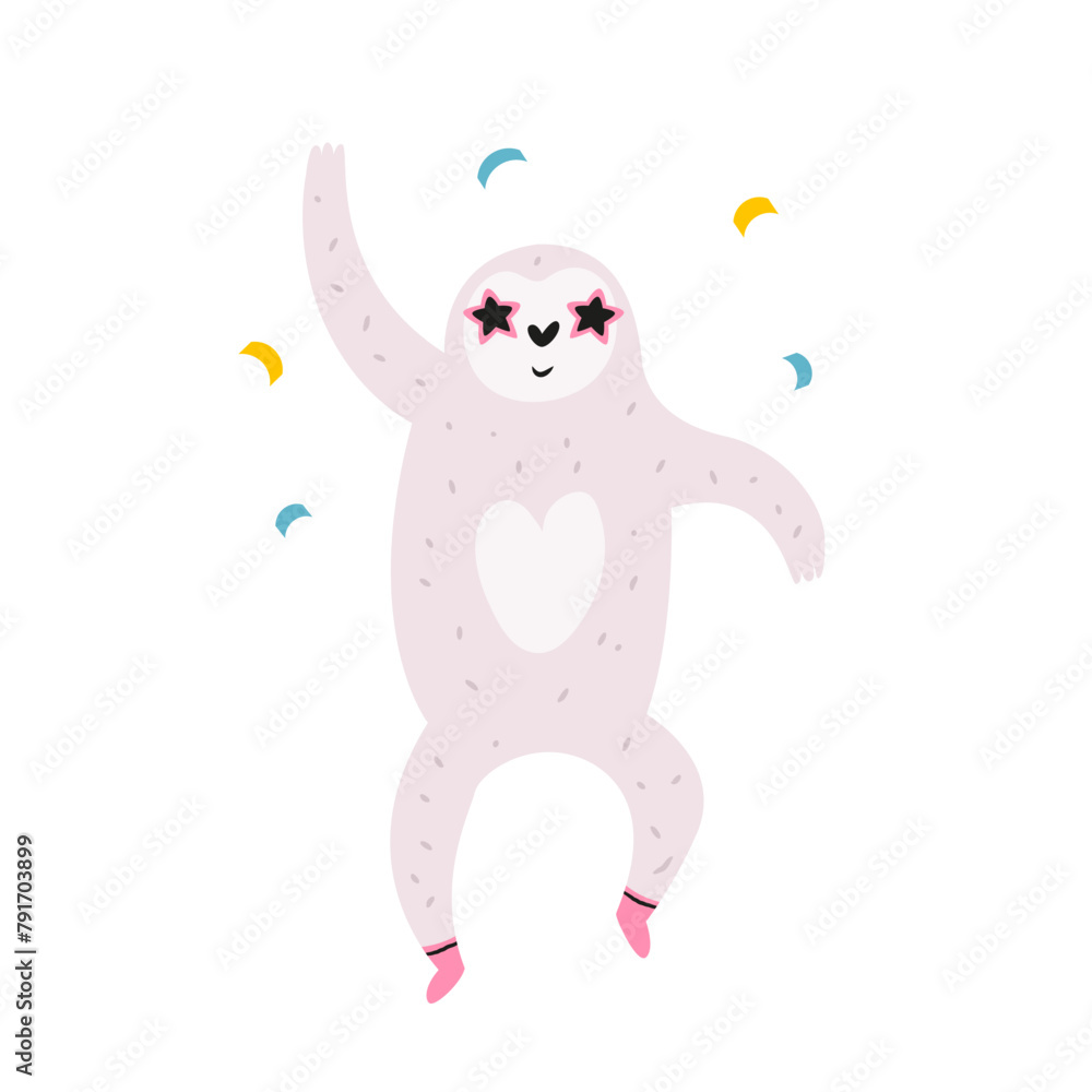 Obraz premium Vector illustration of a sloth dancing in disco glasses and cool socks.