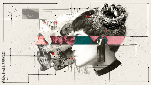 Surreal collage of male profile with skull, abstract elements, bird nest in monochrome and color palette. Conceptual art. Exploring the theme of existence. Concept of psychology, surrealism, science