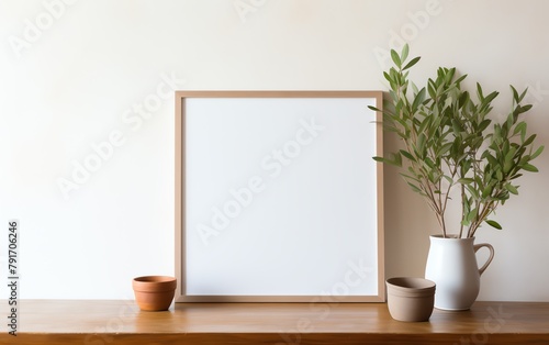 a picture frame and potted plant on a shelf