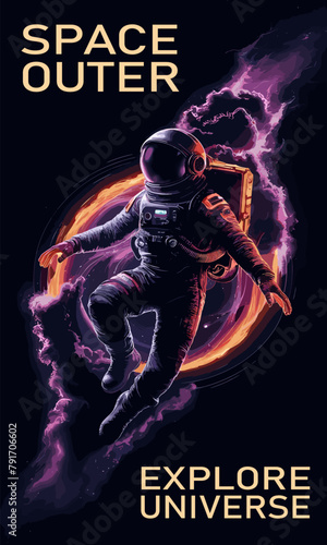 Astronaut in space retro Poster, background, cover. Space and the universe concept. Cosmonaut in spacesuit flying in galaxy with stars and planets. Vintage style vector colorful illustration.