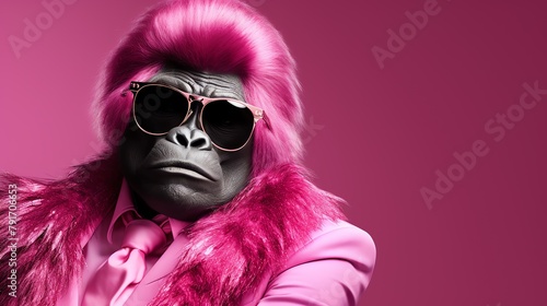 a gorilla wearing a pink suit and sunglasses