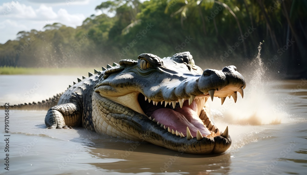 Obraz premium A saltwater crocodile (Crocodylus porosus) opens its jaws as it erupts out of the Hunter River, part of the Kimberley Region; Western Australia, Australia