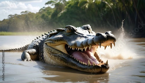 A saltwater crocodile (Crocodylus porosus) opens its jaws as it erupts out of the Hunter River, part of the Kimberley Region; Western Australia, Australia photo