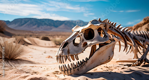 A skeleton of a dinossaur placed in a desert. Concept of dinosaur extinction concept after meteor impact. Panoramic view.