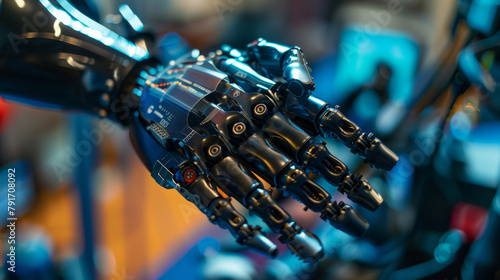 A close up of a black and blue robotic hand