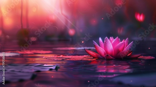 lotus floating on water with red and pink light beams.