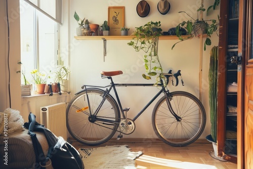 Small hipster's room with original design and old fashioned bicycle on wall